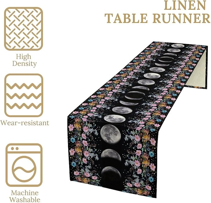Boho Floral Moon Table Runner, Spring Flower Leaves Mystical Gothic Sun Moon Table Runner for Kitchen Dining Table Home Party,13x90 Inch Purple