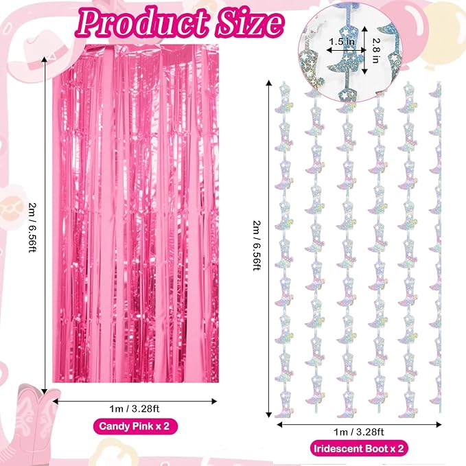 4 Pcs Cowgirl Party Decorations - 2 Boot Silver Metallic Tinsel Fringe Curtains & 2 Candy Pink Backdrops for Birthday Supplies Last Rodeo Bachelorette Wedding Disco Decor