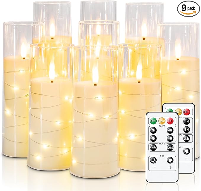 Raycare Flameless Candle with Remote Timer – 9 Flickering Acrylic Battery Operated LED Pillar Candles with Embedded Star String for Halloween, Home Decor, and as a Gift (Ivory)