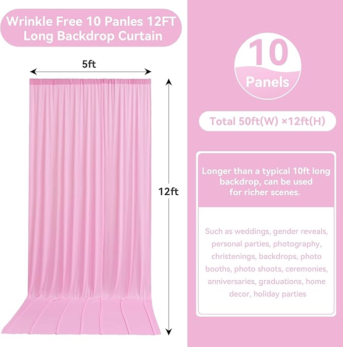 50ftx12ft Wrinkle Free Pink Backdrop Curtain, 10 Panels 12FT Height Pink Wedding Backdrop Drapes, Silky Polyester Back Drop Cloth for Birthday Photography Background Party Backdrop Draping