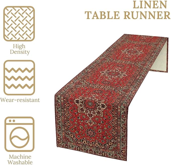 Vintage Boho Floral Table Runner, Rustic Country Farmhouse Red Black Retro Flower Pattern for Home Kitchen Table Decor Dining Coffee Room Party Decor 13x108in