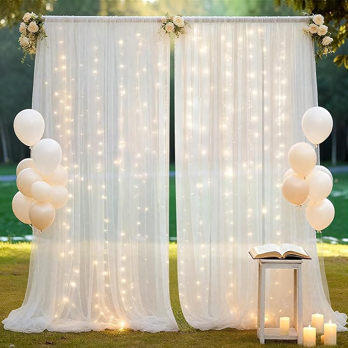 Ledido 10×8ft Tulle Backdrop Curtains with Lights String - 300LED Fairy Lights Sheer Curtain Backdrop for Weddings Baby Shower and Birthday Party Decorations(4 Panels 5×8ft)
