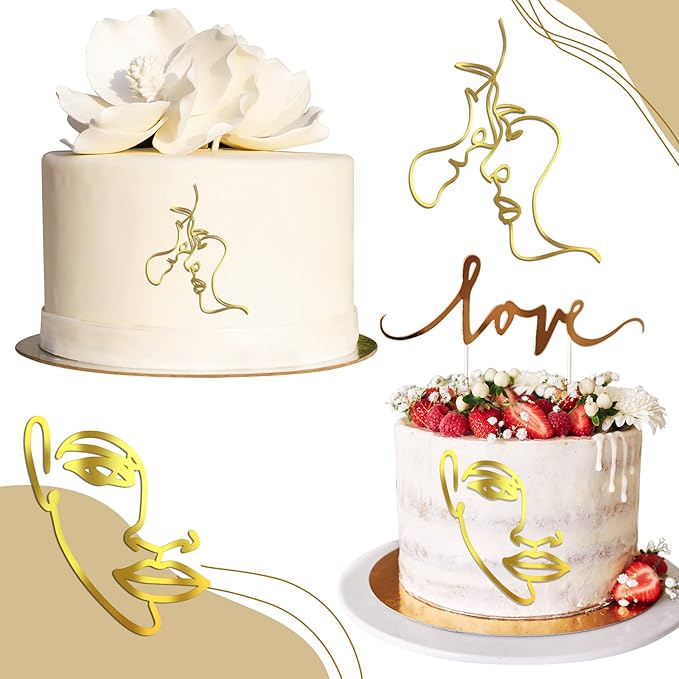 Kigley 22 Pcs Minimalist Art Lady Face Cake Topper Butterflies Cake Decoration Acrylic Wedding Birthday Boho Cake Toppers for Women Bridal Shower Party Supplies (Gold)