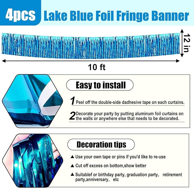 4 Pack 10 Feet Lake Blue Foil Fringe Garland Metallic Tinsel Streamers Banner Wall Hanging Curtain Backdrop for Parade Floats, Wedding, Graduate, Mother's Day, Birthday Party Decoration