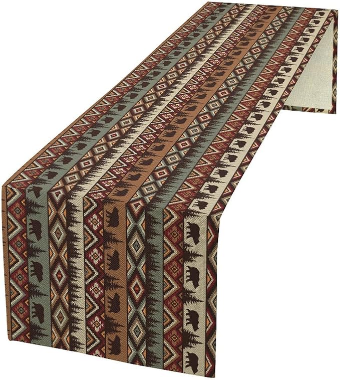 Retro Cabin Table Runner Rustic Bear Forest Farmhouse Lodge Jungle Table Runner for Dinner Party Living Room Kitchen Aztec Vintage 13x70 Inch