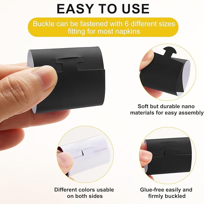 Polymer Material Reusable Napkin Band, Glue-Free Tear-Proof Water Resistant Oil-Proof Napkin Bands Set of 50(Front Black Color and Back White), 6 Adjustable Sizes Napkin Rings