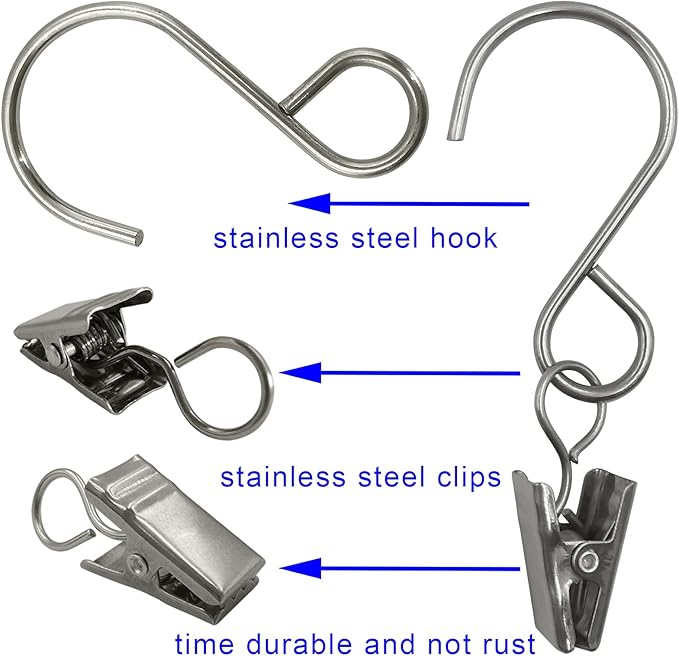 Stainless Steel S Hooks Curtain Clips, 50 Pack Hanging Party Lights Clips, Hangers Gutter Photo, Art Craft Display, 3 Inch Long, Silver