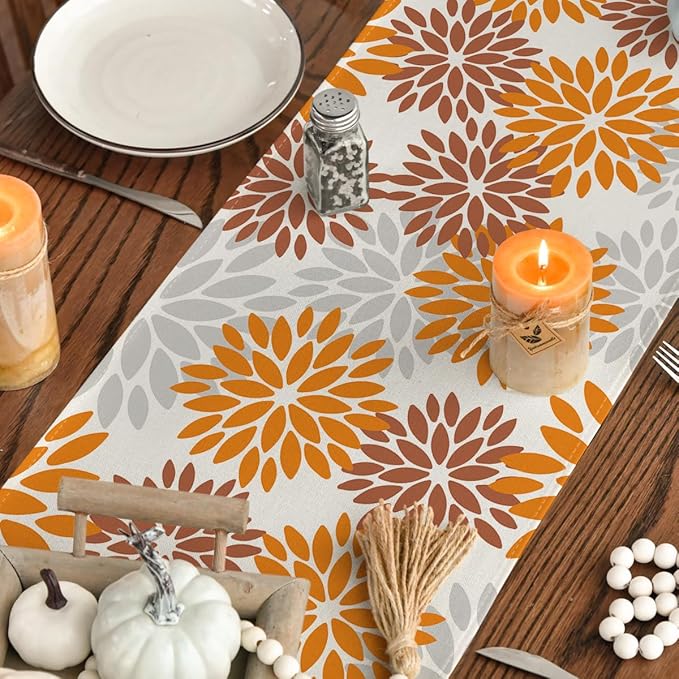 Artoid Mode Orange Dahlia Floral Pinnata Fall Table Runner, Seasonal Autumn Thanksgiving Kitchen Dining Table Decoration for Home Party Decor 13x36 Inch