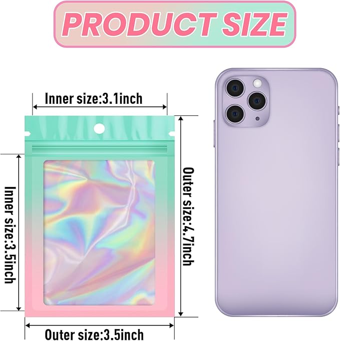 Funfery 100 Pack Gradient Holographic Bags,Mylar Resealable Bags with Zipper,Clear Window Packaging Pouchs,Smell Proof Foil Bag for Food Storage,Sample Jewelry Bag(3.5x4.7In,Green Pink)