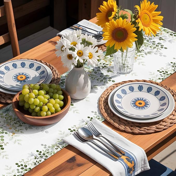 Sage Green Eucalyptus Cotton Linen Table Runner for Dining Kitchen, Farmhouse Leaves Wedding Outdoor Party Tablerunners Decoration Botanical Floral Dresser Scarf Coffee Tablecloth Runners 13x48 Inches