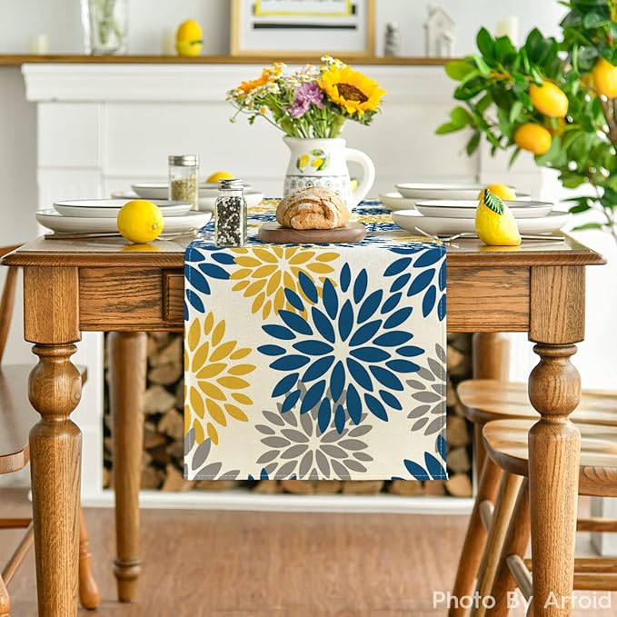 Artoid Mode Blue Dahlia Floral Pinnata Summer Table Runner, Spring Kitchen Dining Table Decoration for Home Party Decor 13x108 Inch