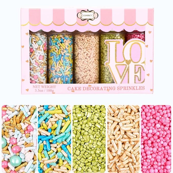 Confect Sprinkles – 5 Pack Assorted Cake Decorating Mix (Hot Pink & Ivory Pearl Dragees, Champagne Gold & Blue Jimmies, Green Sparkling Sugar) – Festive Edible Toppings for Cakes, Cupcakes, Cookies – Vegan, Gluten-Free, Nut-Free, Soy-Free, Dairy-Free, ...