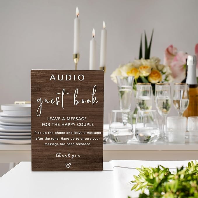 Audio Guestbook Sign, Audio Phone Guestbook Wooden Stand 5x7inch, Wedding Telephone Phone Audio Message Guest Book Sign, Wedding Table Decoration (Brown)