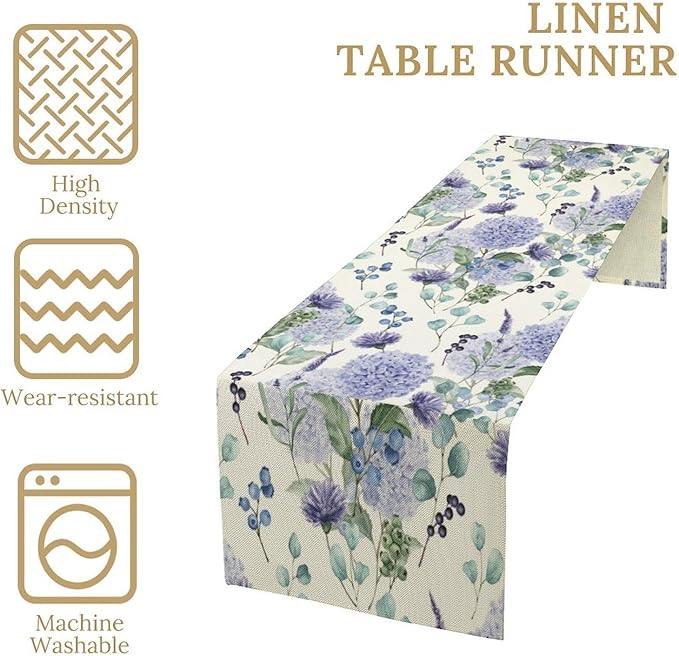 Spring Hydrangea Flower Table Runner, Seasonal Summer Plants Watercolor Eucalyptus Leaves Purple Florals Dinner Runner for Home Kitchen Dining Table Party Holiday Decoration 13"x108"