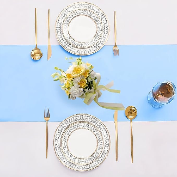 SHEJIZE 20 Pack Light Blue Satin Table Runner 12x108 Inches Long, Bright Silky Smooth Satin Table Runner Table Decor for Wedding Banquet Christmas Prom Event Birthday Party