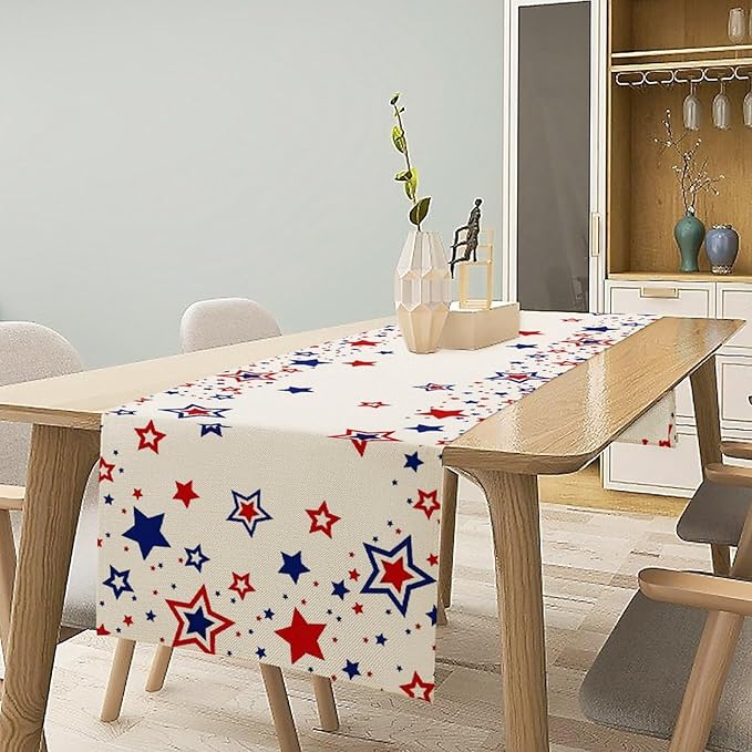 4th of July Table Runner, American Stars Patriotic Independence Day Table Runner for Indoor Outdoor Party Home Kitchen Dining Table Decor, Blue Red, 13x120inch