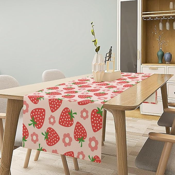 Strawberry Table Runner Spring Summer Fruit Pink Berry Forest Garden Dinner Runner for Girl Baby Shower Party Holiday Home Kitchen Dining Table Decor 13x70