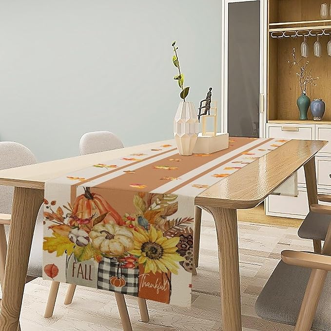 Autumn Table Runner,Thanksgiving Fall Pumpkin Leaves Floral Table Cloth for Kitchen Dining Table Decoration Home Party Decor 13x108 Inch