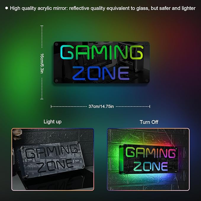 Ineonlife Game Zone Neon Sign Mirrored Colorful LED Lights for Gaming Room Decor Light Up Signs for Teen Boy Bedroom Decoration Best Gift for Kids 14.57 x 6.3 inches USB Powerd