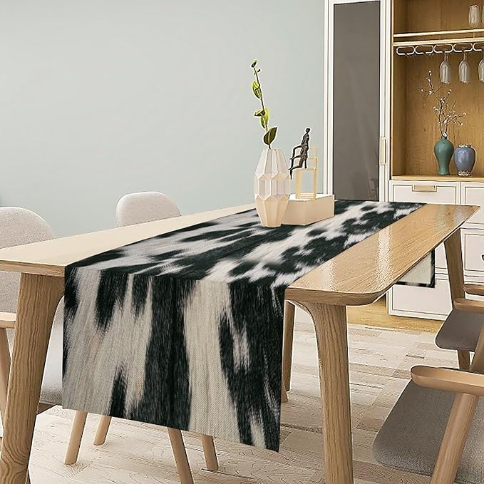 Rustic Cow Skin Print Table Runner, Country Farm Animal Fur Skin Pattern Western Style Brown Cowhide Print Cotton Linen Cottage Dinner Runner for Home Kitchen Dining, 13x90 Inch