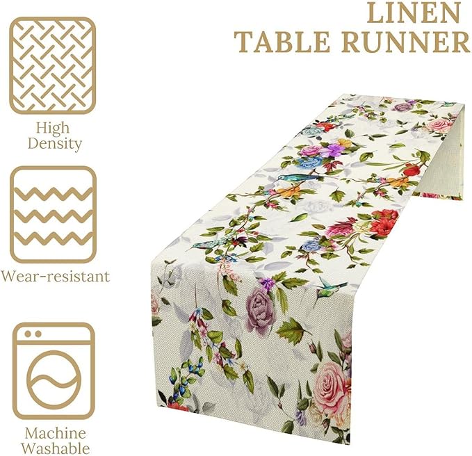 Vintage Bird Flower Table Runner Seasonal Spring Summer Garden Plants Farmhouse Country Kitchen Dinner Runner Dining Table Decoration for Home Party Holiday 13"x90"