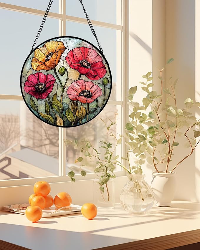 Stained Glass Window Hanging, Red Orange Poppy Birth Flowers Sun Catcher for Door Garden Yard Decor Wildflowers Suncatcher Christmas Mother Birthday Gifts for Women Men Mom Nana 11.8 in