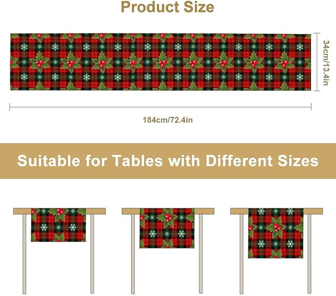 Christmas Table Runner, Red Check Plaid Winter Xmas Holiday Table Cloth Kitchen Dining Table Decoration for Home Party Decor 13x108 Inch