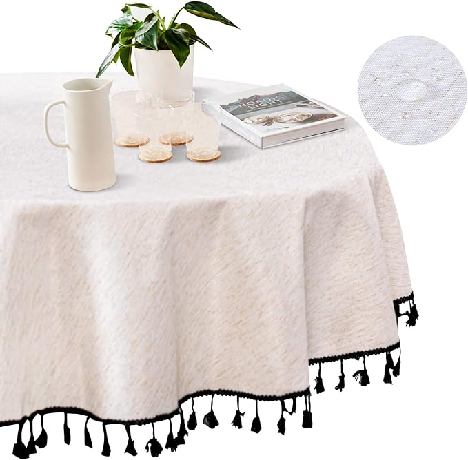 MYSKY HOME 60 Inch Round Cotton Tablecloth, Heavy Duty, Waterproof, Wrinkle Resistant, Black Tassels, Modern Elegant Design, Kitchen, Dining, Parties, Events