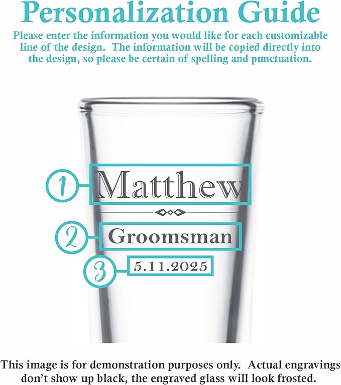 Custom Engraved Shot Glass – 2oz Tall Clear Glass – Personalized Gift for Wedding Party – Classic Etched Barware Keepsake for Groomsmen, Bridesmaids, and More (6)