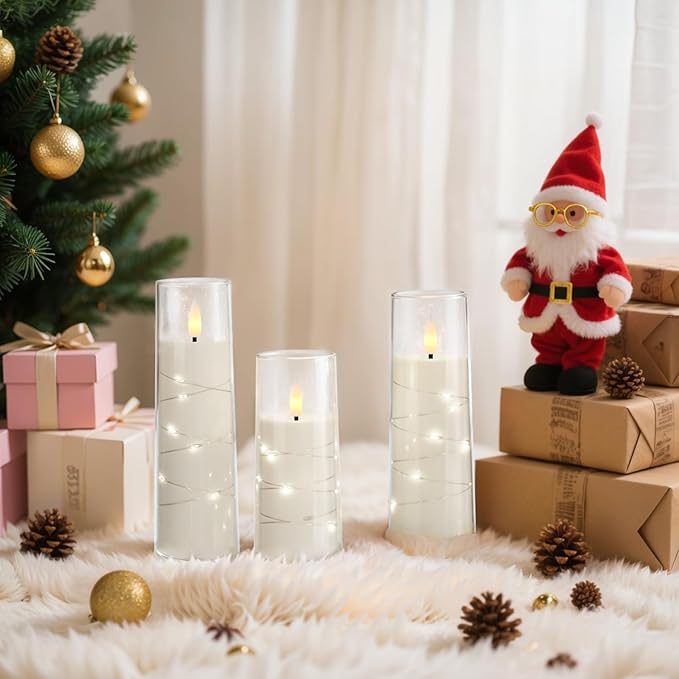 Raycare Flameless Candle with Remote Timer – 5 Flickering Acrylic Battery Operated LED Pillar Candles with Embedded Star String for Halloween, Home Decor, and as a Gift(White)