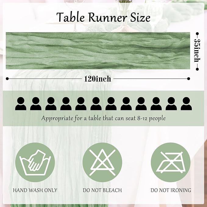 1-Pack Sage Green Cheesecloth Table Runners – 10FT (35x120 Inch) Boho Rustic Gauze Fabric Cheese Cloth Table Runner for Weddings, Baby Showers, Bridal Shower, Farmhouse & Birthday Party Decor
