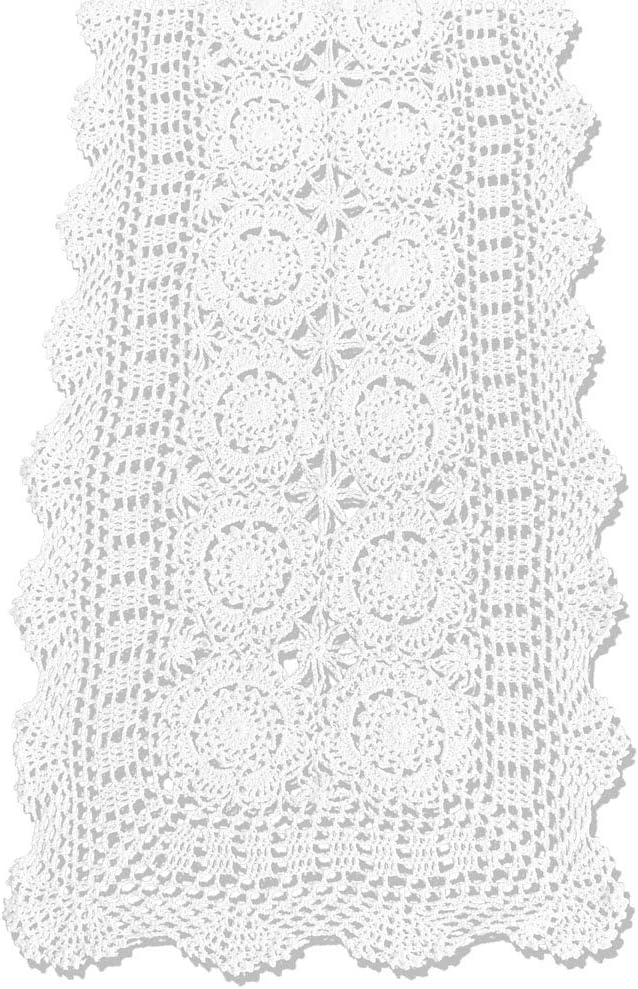 KEPSWET Cotton Handmade Crochet Lace Table Runner White Rectangle Coffee Table Dresser Decor (14x48 inch)
