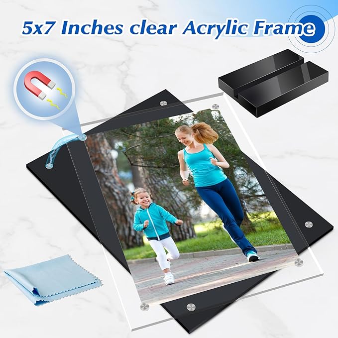 5 Pack Acrylic Magnetic Picture Frame 5x7, Clear Frame for Horizontal Vertical Tabletop Display, Black Photo Frame Magnets for Fridge