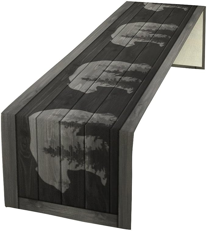 Rustic Country Bear Table Runner, Black Wood Wooden Cabin Wild Animals Hunting Table Cloth for Home Kitchen Dining Table Runner 13x90 Inch