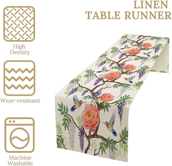 Vintage Bird Flower Table Runner Seasonal Spring Purple Wisteria Garden Plants Lavender Pink Florals Farmhouse Country Kitchen Dinner Runner Dining Table Decoration for Home Party Holiday 13"x90"