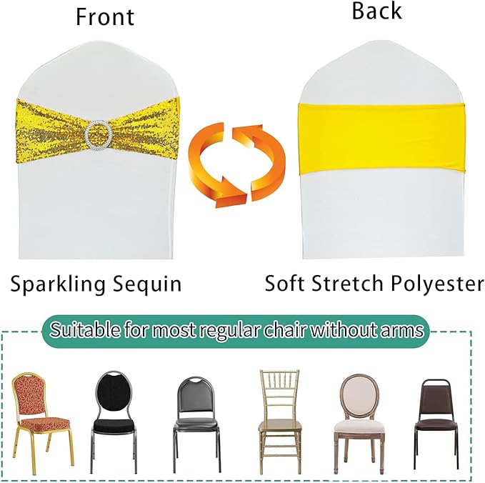 25 Pcs Sequin Chair Sashes Stretch Chair Bands Spandex Polyester Bows for Party Hotel Wedding Banquets Decoration -Gold