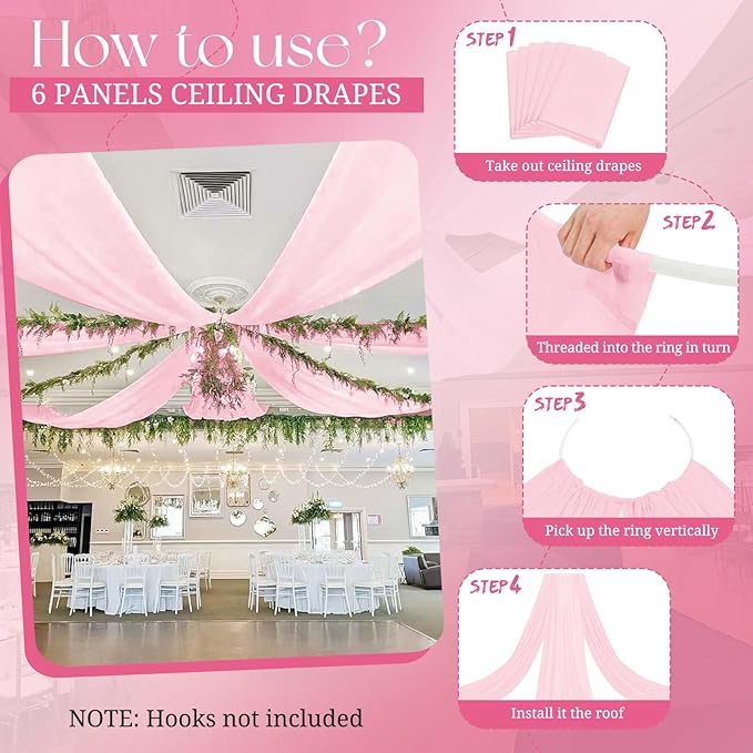 6 Panels Pink Ceiling Drapes for Wedding, 5ftx15ft Ceiling Drapes Cheesecloth Sheer Fabric Curtain Wedding Arch Draping Fabric Romantic Ceilings Decorations for Weddings Party Ceremony Stage