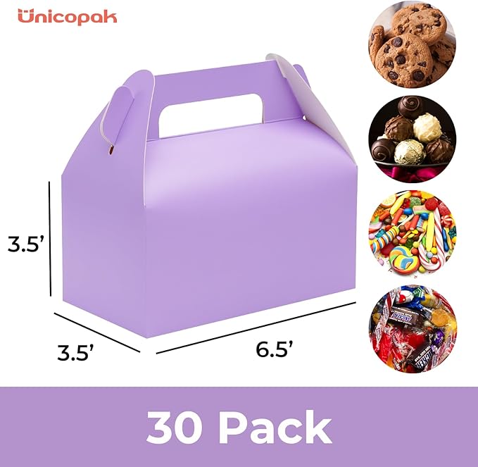 UnicoPak 30 Pack Purple Gable Treat Boxes Party Favor Goodie Bag Boxes for Candy Treats Snacks Cookie Toys for Birthday Party Special Events, 6.5x3.5x4 Inches
