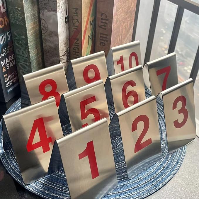 Metal Place Cards Stackable Tent Style Table Numbers,Place Card Holders for TRPG Wedding Party Restaurants Cafes Bars Gatherings Meeting Room Board Games (Red, Large 1-10)