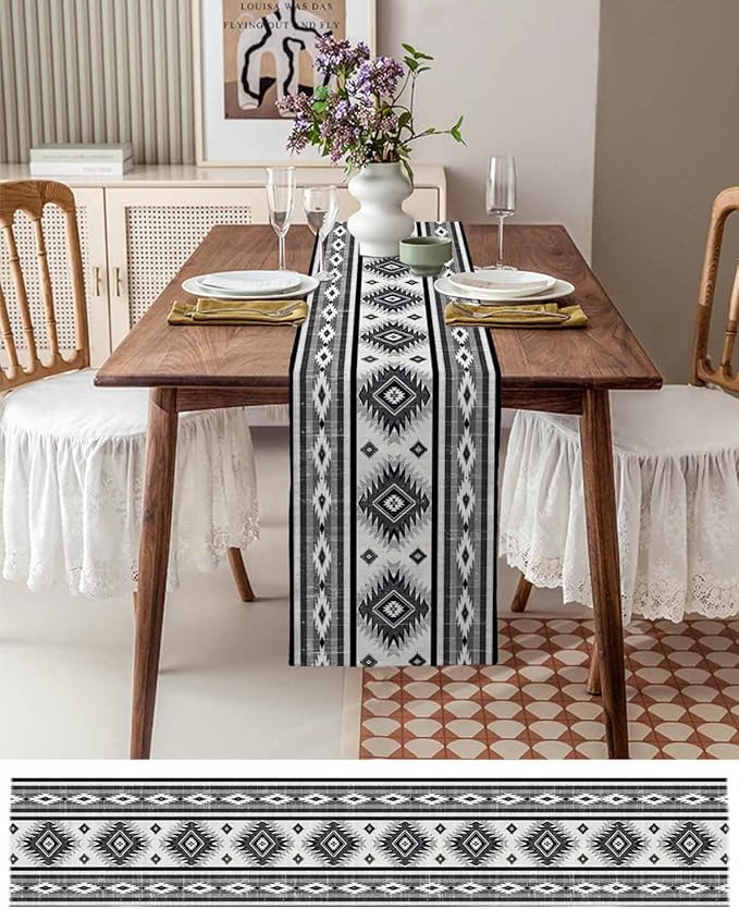 Aztec Southwest Cotton Linen Table Runner for Dining Kitchen, Wedding Outdoor Party Tablerunners Decoration, Boho Ethnic Tribes Vintage Grey Dresser Scarf Coffee Tablecloth Runners 13x36 Inches