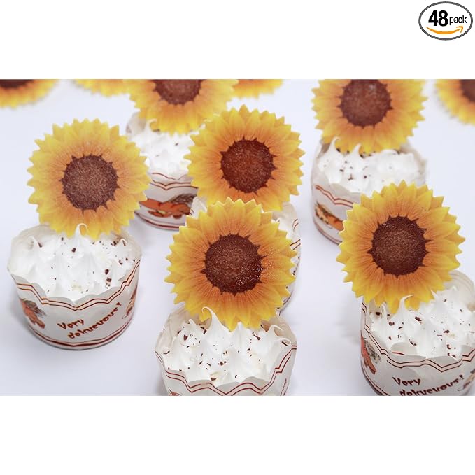 GEORLD Edible Cake Topper Wafer Sunflower Cupcake Decoration by Wafer Paper,36 Counts,Flat not 3D