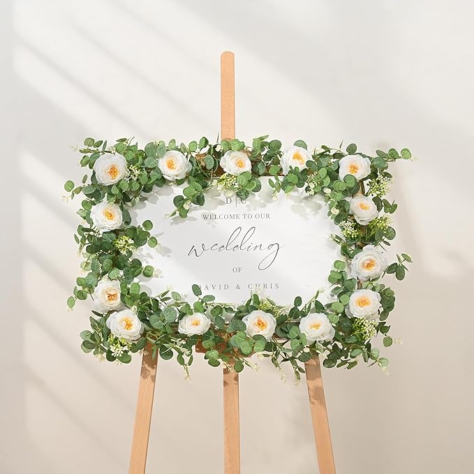 Dolicer 2Pcs 13Ft Artificial Eucalyptus Garlands with Flowers, Faux Floral Greenery Garlands Fake Flowers Vines for Wedding Table Centerpieces Arch Party Ceremony Backdrop Decor (White)