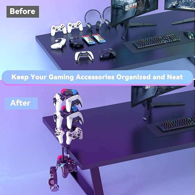 Rotatable 4 Tier Desk Clamp Controller Headset Stand, Universal Under Desk Controller Holder Rack for PS5 Xbox Nintendo Switch PC PS4, Aluminum Gaming Headphone Hanger, Black