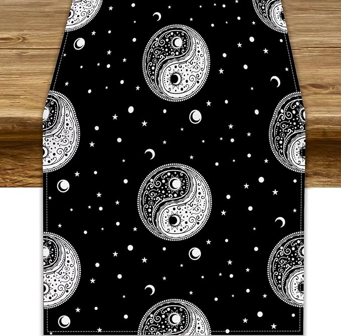 Mystical Celestial Table Runner, Vintage Bohemian Black Yin Yang Symbol Moon Stars Print Table Runner for Office Kitchen Dining Wedding Party Home Coffee Table, 13x90inch