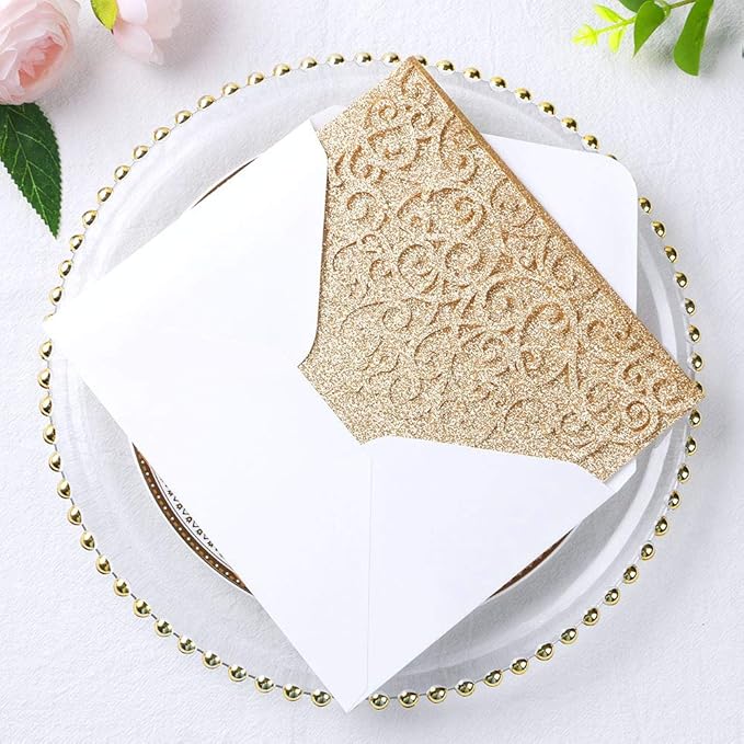 ponatia 5.12 x 7.2 Laser Cut Invitation Pocket, 20PCS Tri-Fold 5 x 7 Laser Cut Wedding Invitation Pockets with Envelopes for Wedding Bbay Shower Birthday Invite (Gold Glitter, No Inner Sheet)