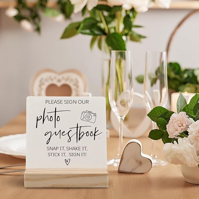 Photo Guest Book Sign, Wedding Guest Book Desk Decor, Guest Book Wedding Reception Wood Plaque, Please Sign Our GuestbookSign Wooden Plaque with Wood Stand forWedding Table Decor Signs