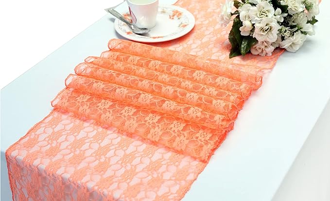 MDS Pack of 15 Wedding 12 x 108 inches Lace Table Runner for Wedding, Decorations for Birthday Parties, Banquets, Graduations, Engagements, and Runners fit Rectangle, Round Table- Peach