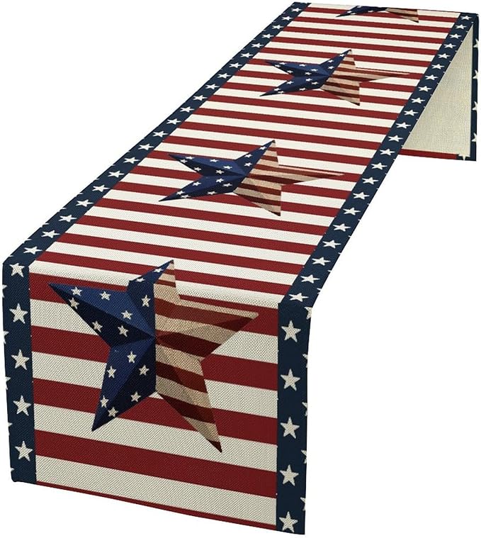 4th of July Table Runner, Patriotic Independence Day American Stars Stripes Flag Print Table Runner for Farmhouse Kitchen Dining Holiday Birthday Party, 13x70inch