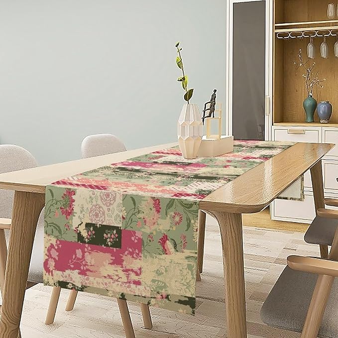 Patchwork Flower Table Runner,Abstract Colorful Floral Retro Style Hand Drawn Tablecloth Burlap for Hotel Indoors Outdoor Dining Room Kitchen Home Decor,W13X L90 in