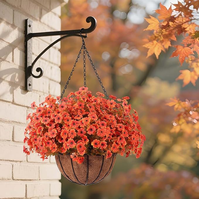 Hananona 18 Pcs Artificial Mum Flowers for Outdoors, Faux Fall Mums Silk Flower for Outside, Fake Orange Flowers for Fall Patio Front Door Planter Autumn Halloween Home Decorations (18, Orange)